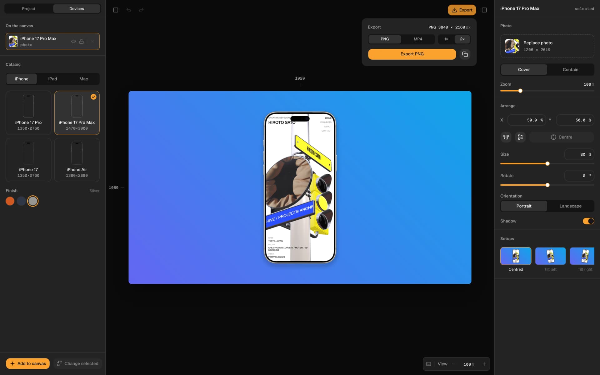 The ScreenDesk editor with a screenshot on the canvas and the export certificate open, stating PNG 3840 by 2160 pixels