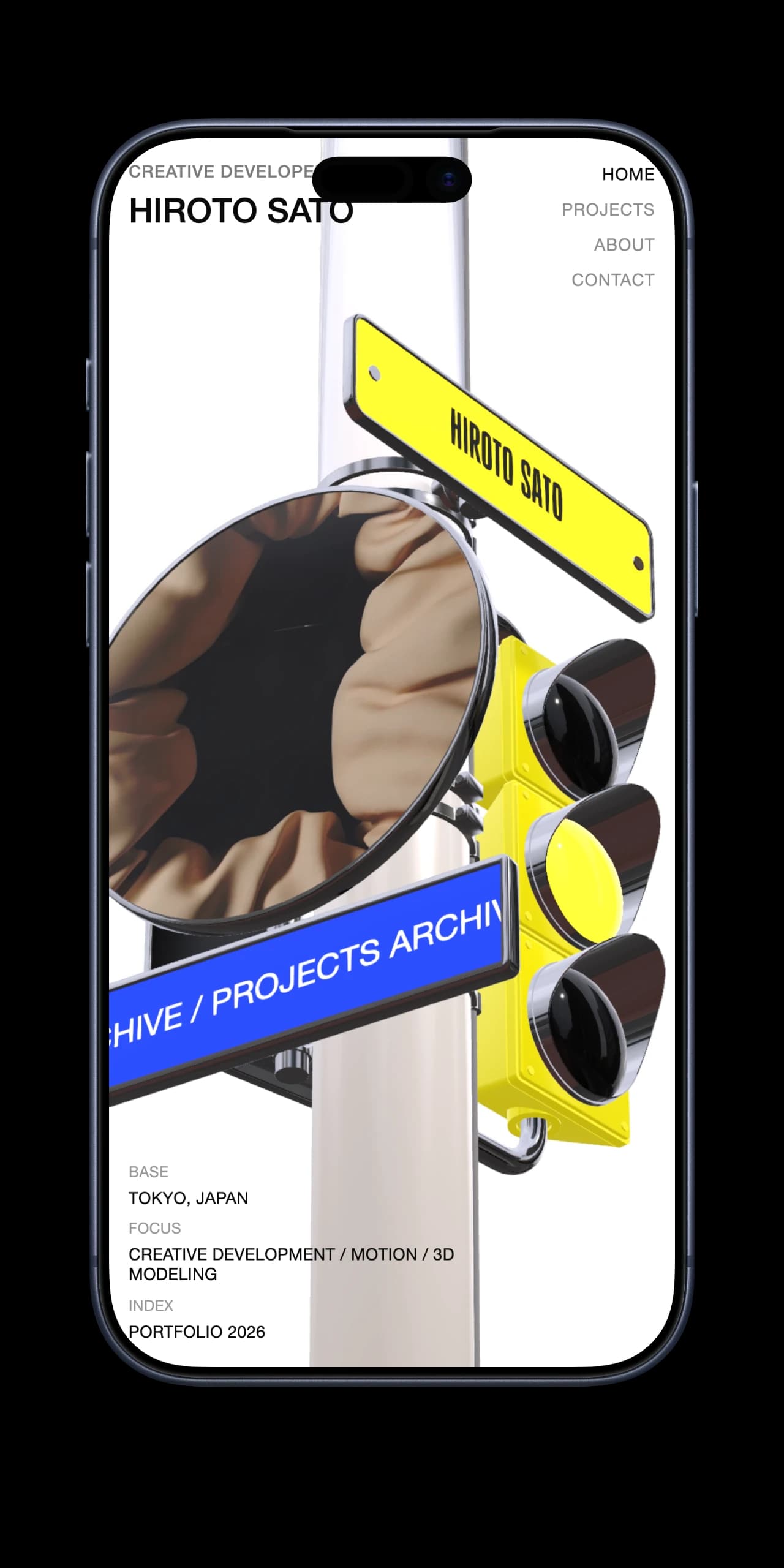 An iPhone 17 Pro Max frame holding a screenshot of a portfolio site, exported by ScreenDesk with a transparent backdrop