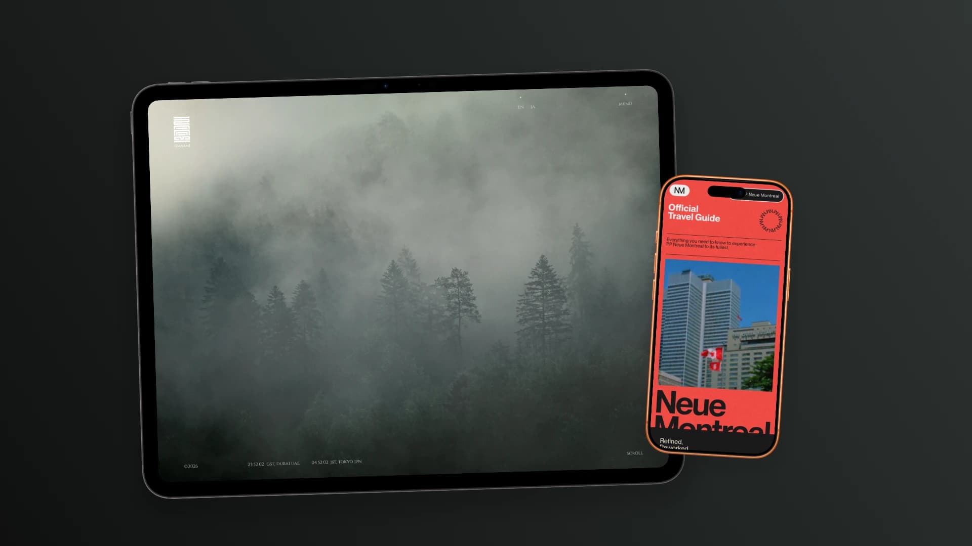 An iPad Pro showing a dashboard and an iPhone showing a shop, on one canvas, exported by ScreenDesk as a single 1920 by 1080 file