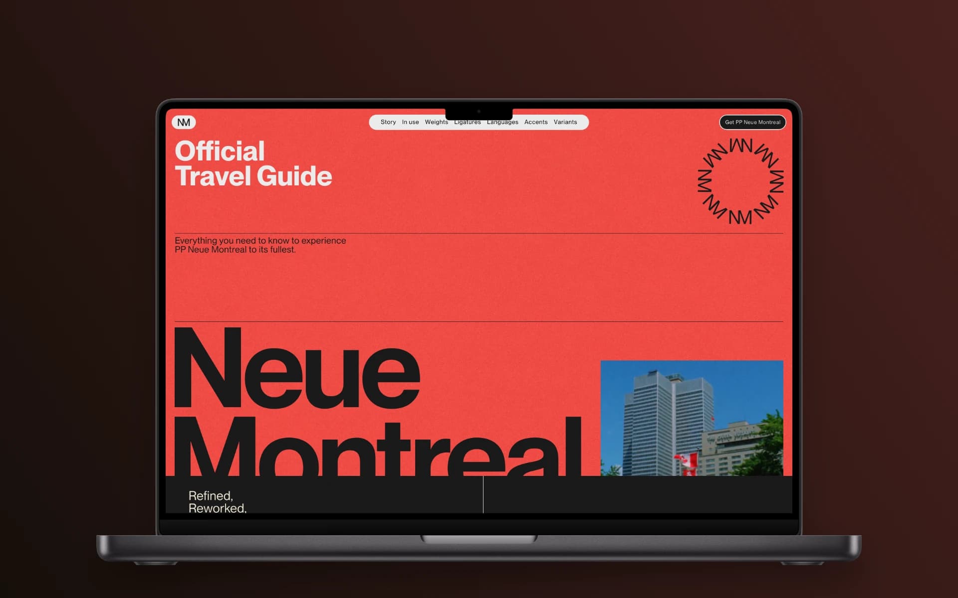 The same website screenshot inside a MacBook Pro 16-inch frame, on a backdrop matched to the site
